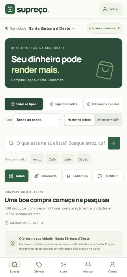 Tela de busca de produtos no Supreço